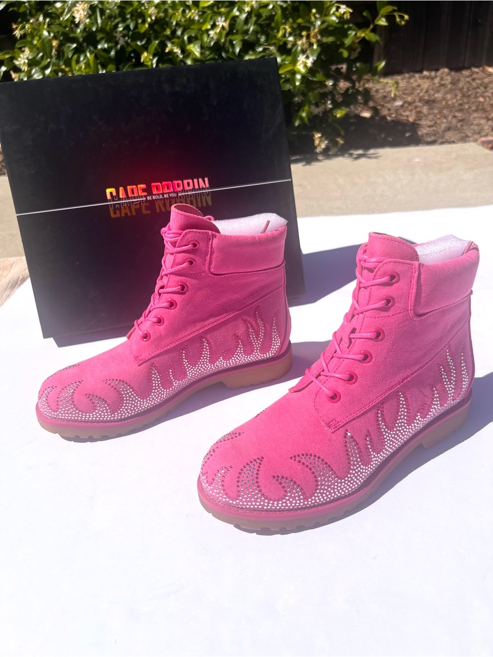 Rhinestone Fire Flame Pink Suede-Like Combat Boots. Embellished Sparkly Flames